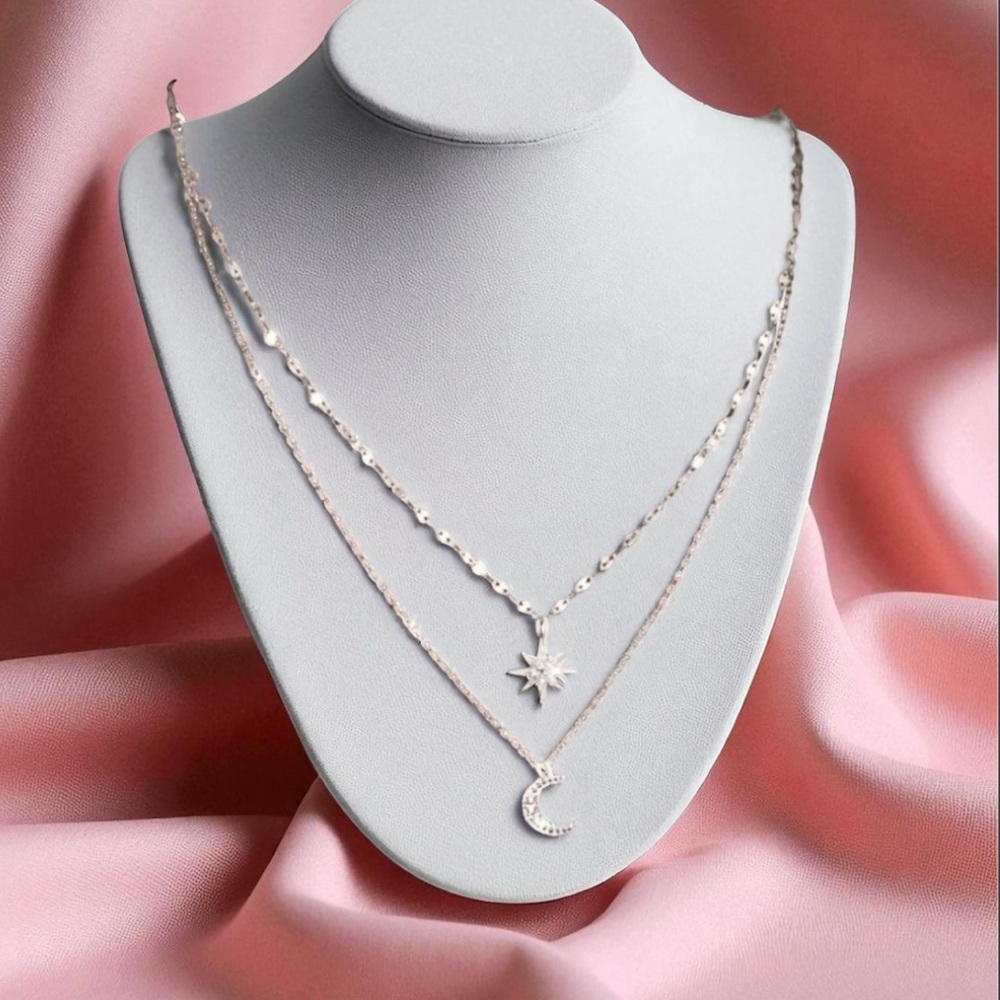 CZ Moon and Star Silver Plated layered necklace. New.